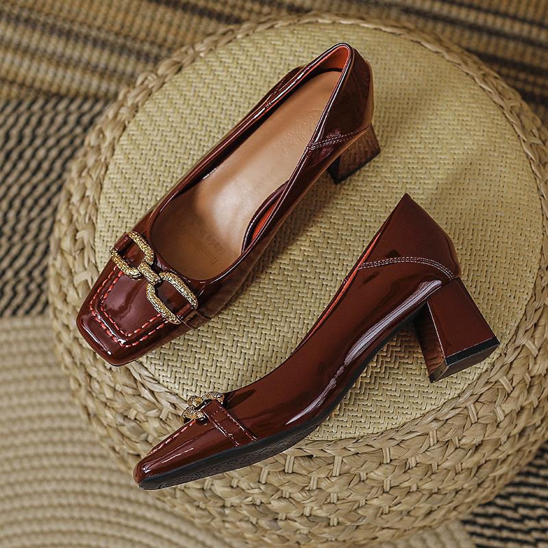 Thick heel high heels women's 2025 new spring and autumn mid-heel women's shoes patent leather red light mouth French square head single shoes women