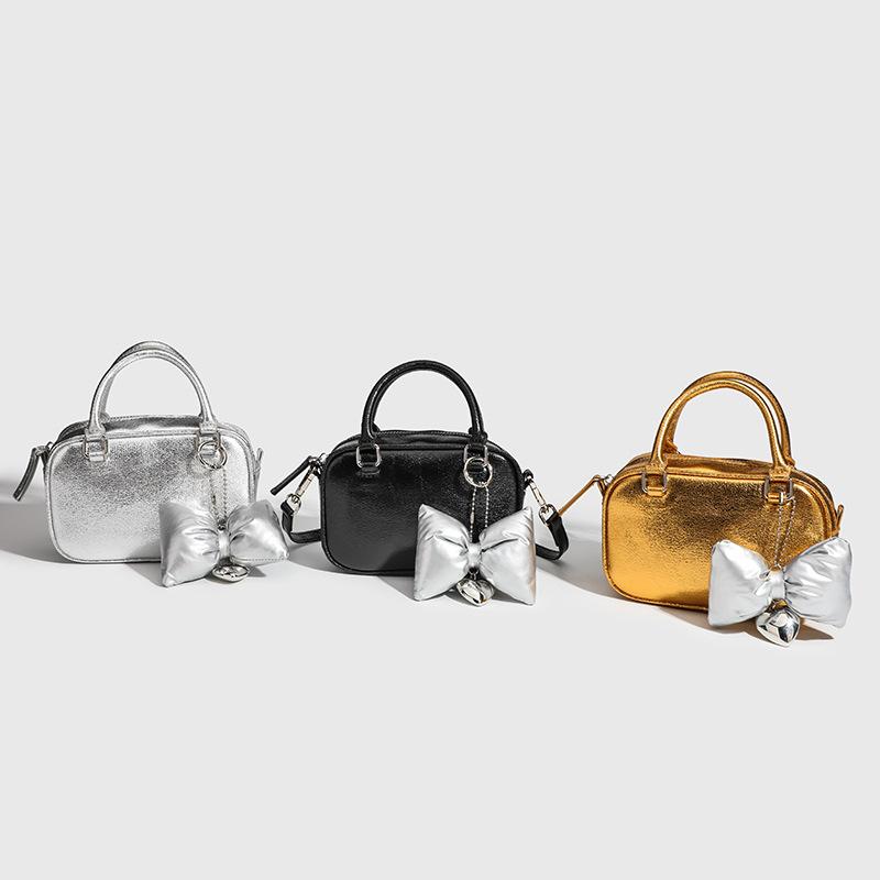 2024 New Mini Boston Square Bag, Simple and Versatile Soft Leather Mini Silver Handbag, Crossbody Bag