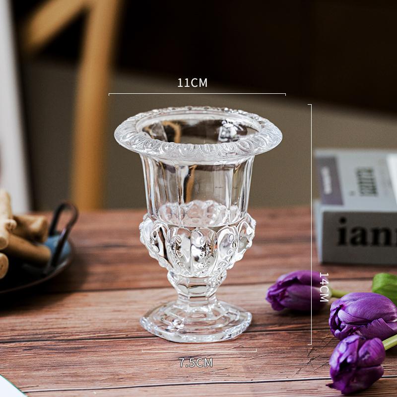 High-grade Transparent Glass Vase Ornaments French Retro Relief Feng Shui Culture Flowers Living Room Flower Arrangement