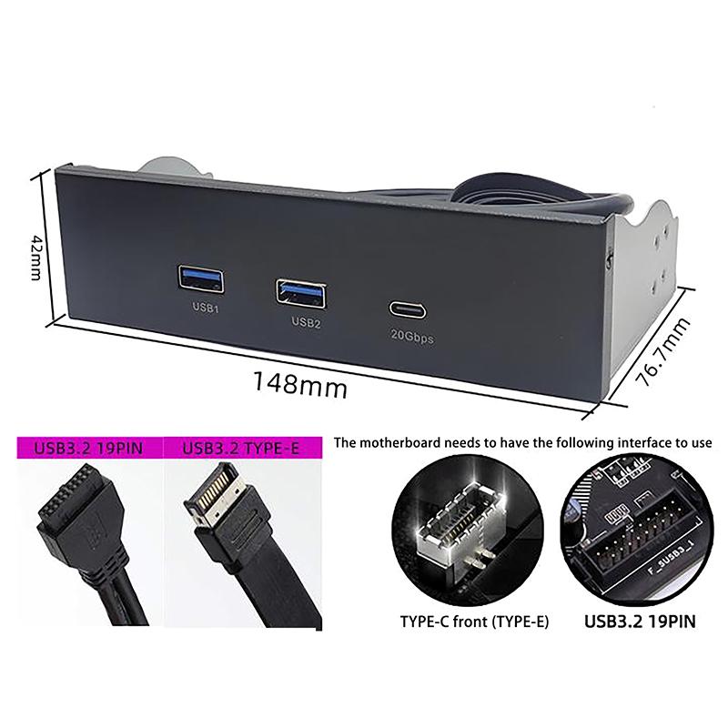 Usb Front Panel For Pc 2 Port Usb 3.2 Gen1 5Gbps + 1 Port Type-C 10Gbps/20Gbps Hub For Desktop 5.25Inch Floppy Drive Bay