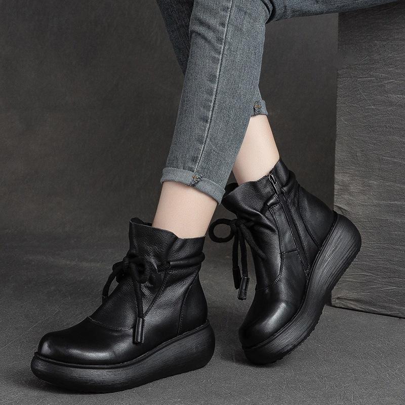 Fashion GKTINOO Shoes Women Boots 2025 New Winter Genuine Leather Handmade Round Toe Zip Sewing Wedge Shoes Ankle Platform Boots