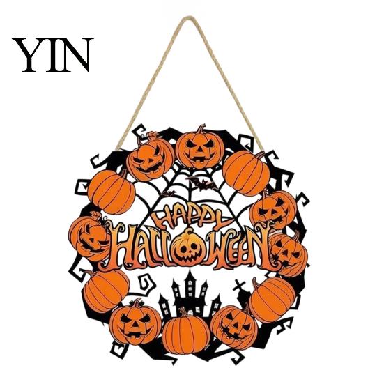 Fall Front Porch Signs Halloween Wooden Wreath Door Hanger Sign, Pumpkin Ghost Black Cat Witch Ornaments Bat Patterns, Hanging Plaque for Farmhouse