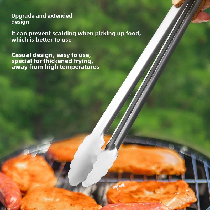 Stainless Steel Food Tongs with Heat-resistant Wooden Handles, Anti-scald Steak Tongs, BBQ Outdoor Grill Tongs, Bread Clips