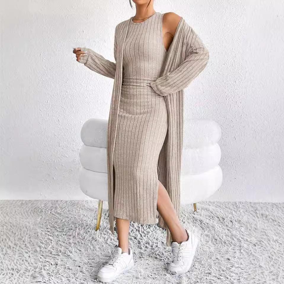 Spot Hot-selling Women's Clothing European Beautiful Women Autumn Fashion Vest Dress Long Sleeve Long Coat Two-piece Set