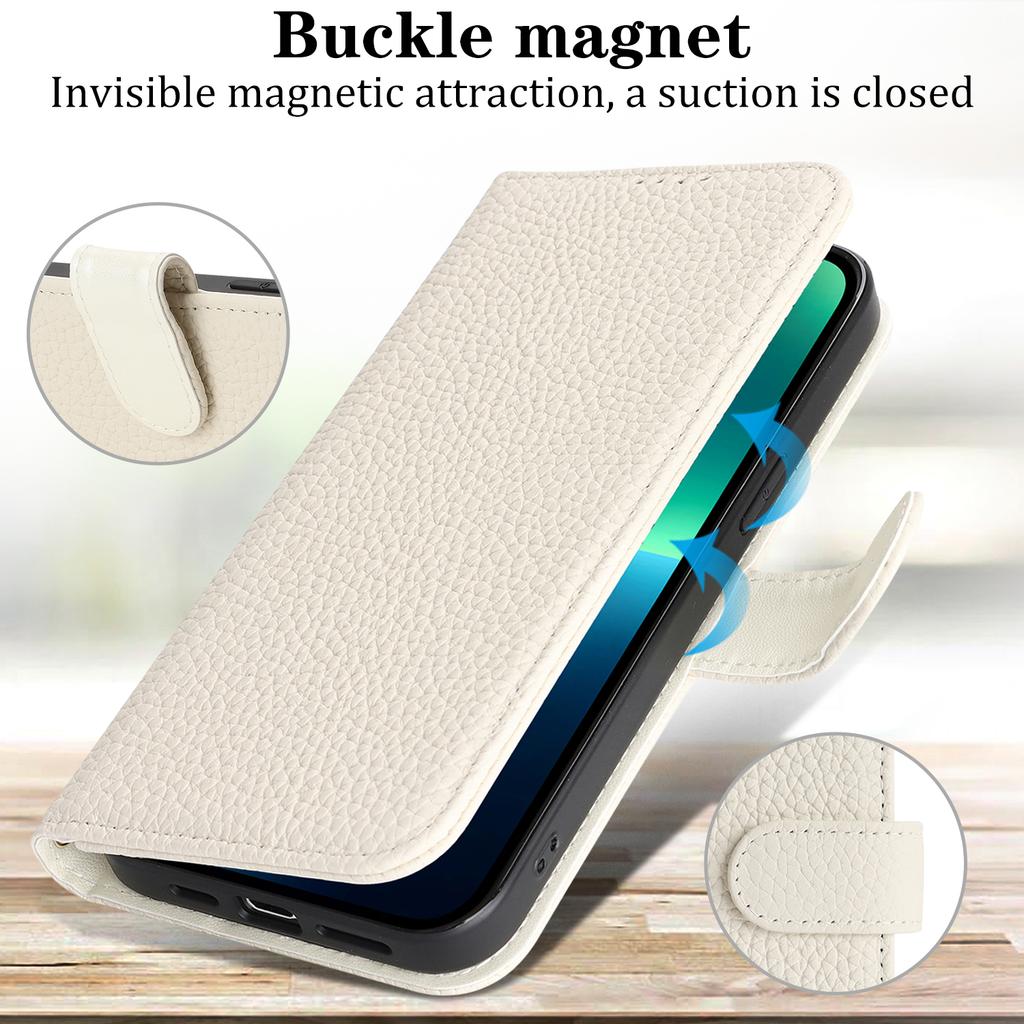 For iPhone 13 Pro Max/12 Pro Max Stand Case Litchi Texture Genuine Cow Leather Wallet Phone Cover RFID Blocking