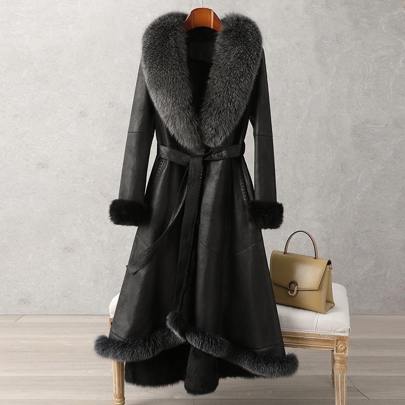 Imitation Fur Coat Fur Integrated Coat Women's Medium and Long Over Knee Imitation Fox Fur Collar Rabbit Fur Slim Belt