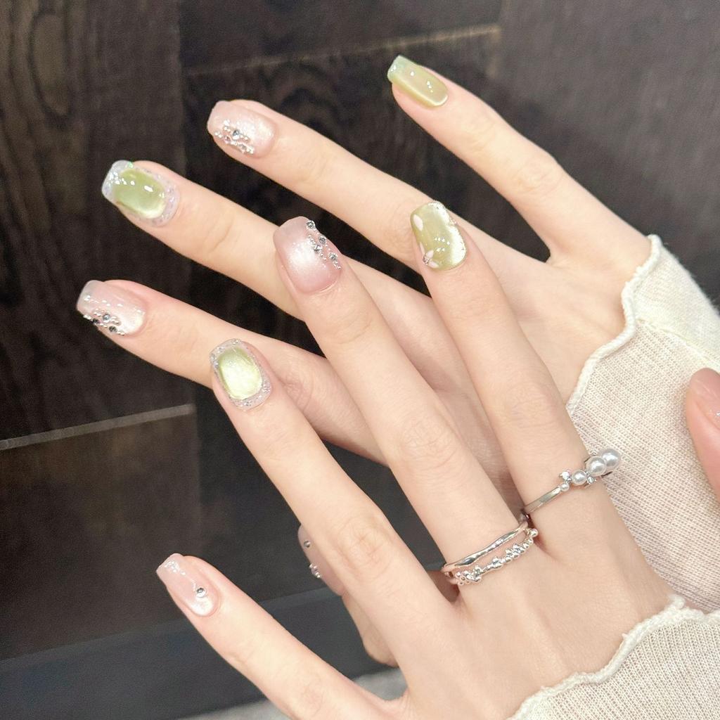 10Pcs Colorful Nail Tips Summer Cat's Eye Glitter Fake Nail Patches Reusable Short Square Head Handmade Press on False Nails