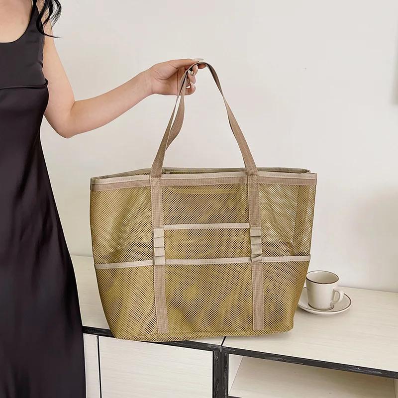 Bolsa de playa de malla portátil para mujer, bolsa de almacenamiento de maquillaje para viajes, bolsa de baño de verano, organizador, bolsa de compras