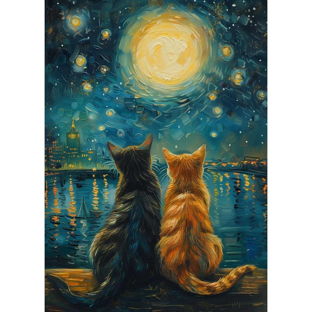 Black Cat Reading in Cozy Bed Orange Cat Cherry Blossom Lotus Landscape Canvas Painting Print Wall Art Picture Room Home Decor