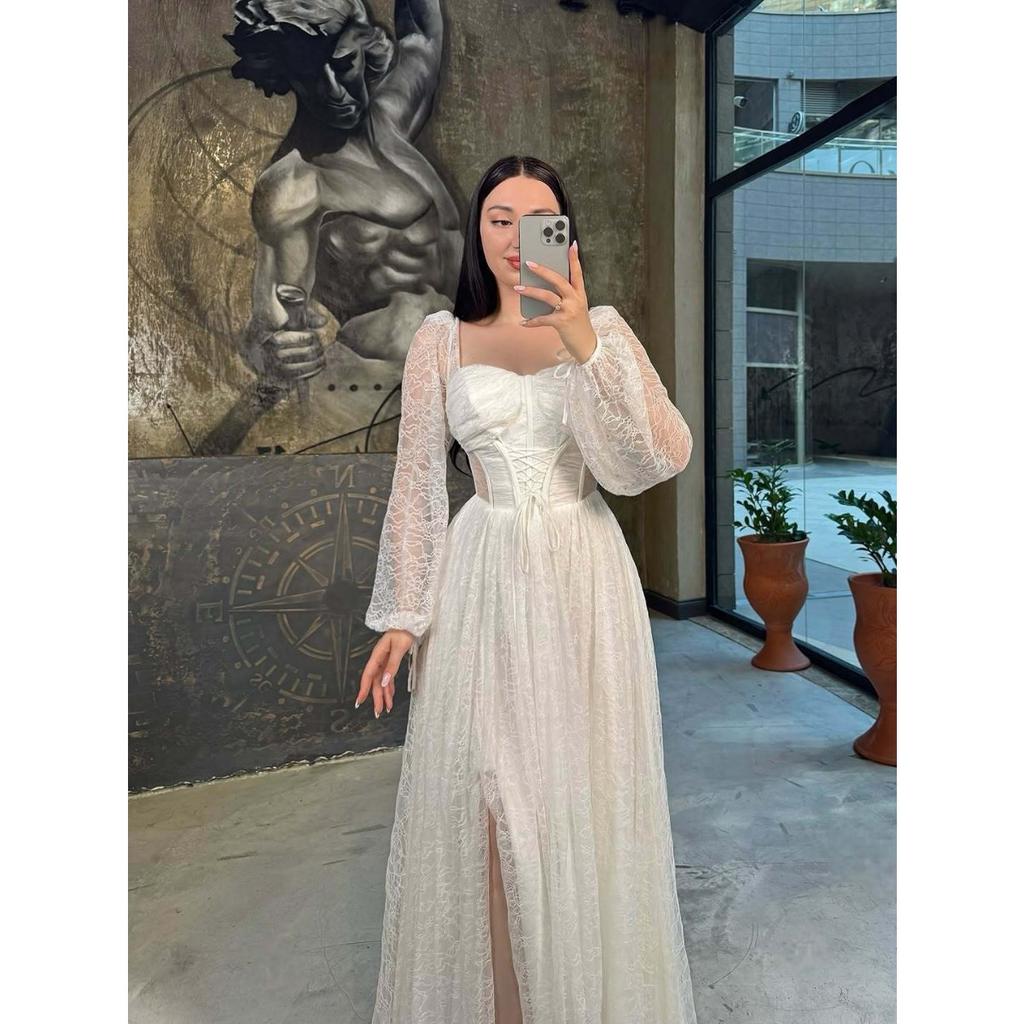 New Lace Waist Cinched Long Sleeve Maxi Dress, Elegant Evening Party Gown, European Style Long Dress for Women