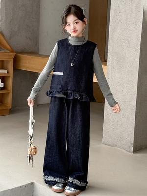 Mädchen 2025 Herbst Denimweste & Hose mit geradem Bein Dreiteiliges Set