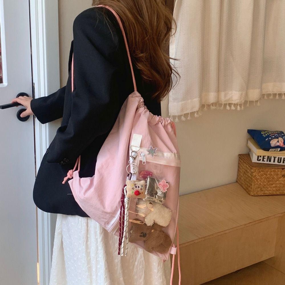 

Lightweight Korean Style Itabag Transparent Pocket Shoulder Bag Cute Drawstring Backpack Casual