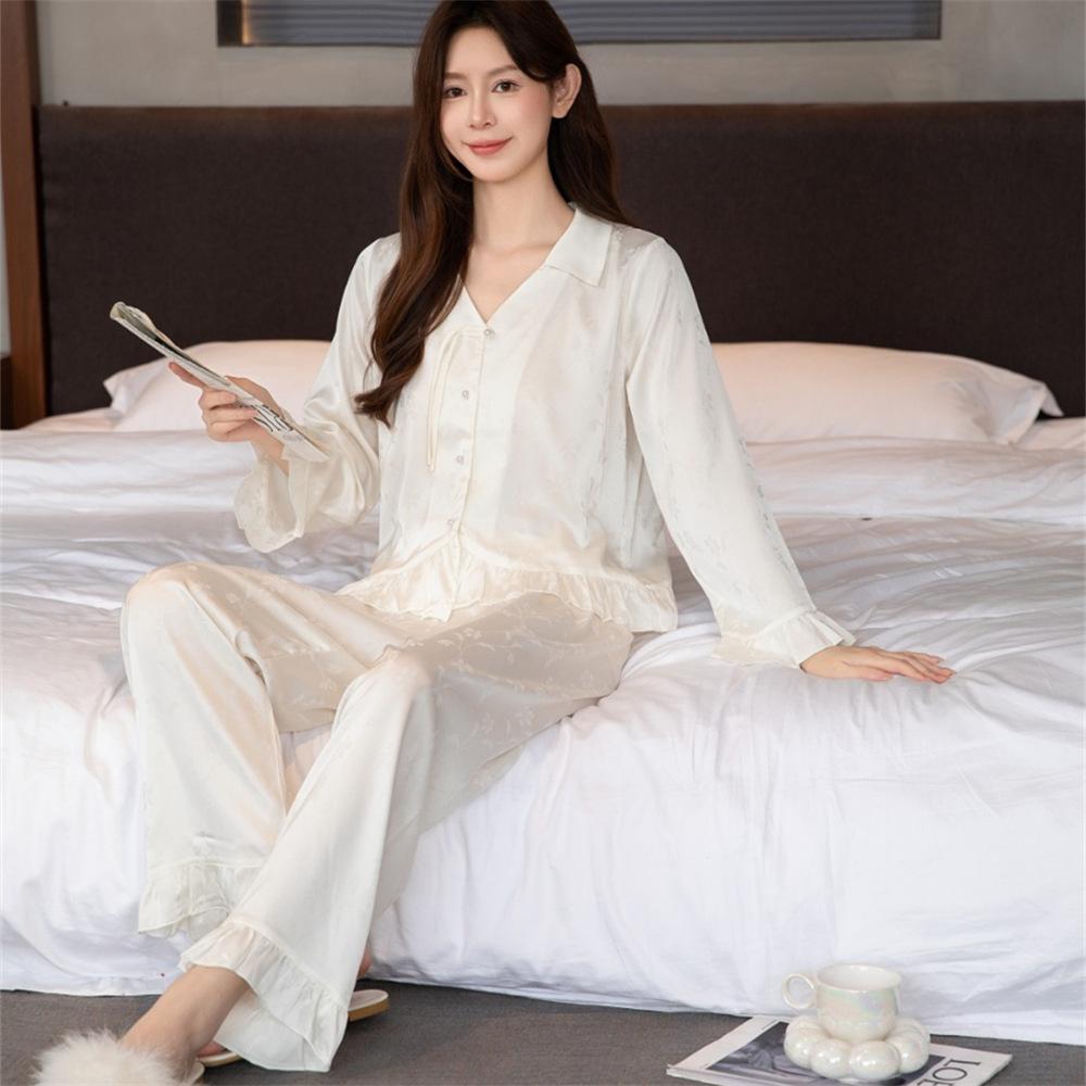 Ice silk pajamas women's spring and autumn new long-sleeved trousers two-piece set of national style casual cardigan loungewear