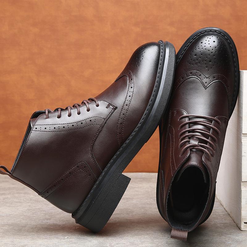FashionCow Leather High-soled Brock High-top Boots for Men Autumn Winter Fleece Warm Ankle Boots Male Fashion Casual Platform Shoes Man