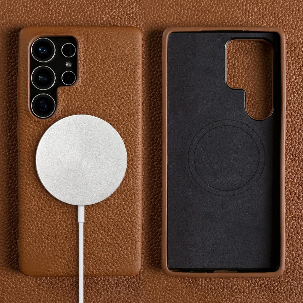Luxury Cowhide Magnetic Suction Leather Case For Samsung Galaxy S25 Ultra S24 Plus S23 FE S22 S21+ Full Edge Protection Cover