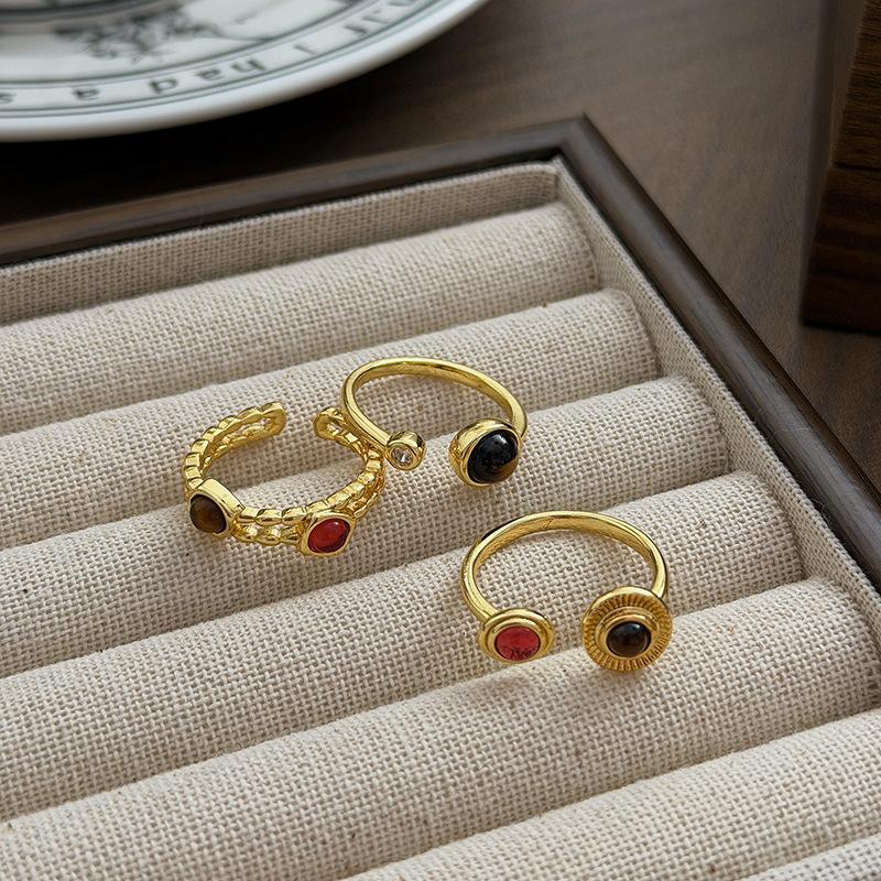Retro Texture Two-Color Imitation Tiger'S Eye Stone Open Ring Niche Light Luxury High-End Sense Stacked Wearing Personalized Ring Woman