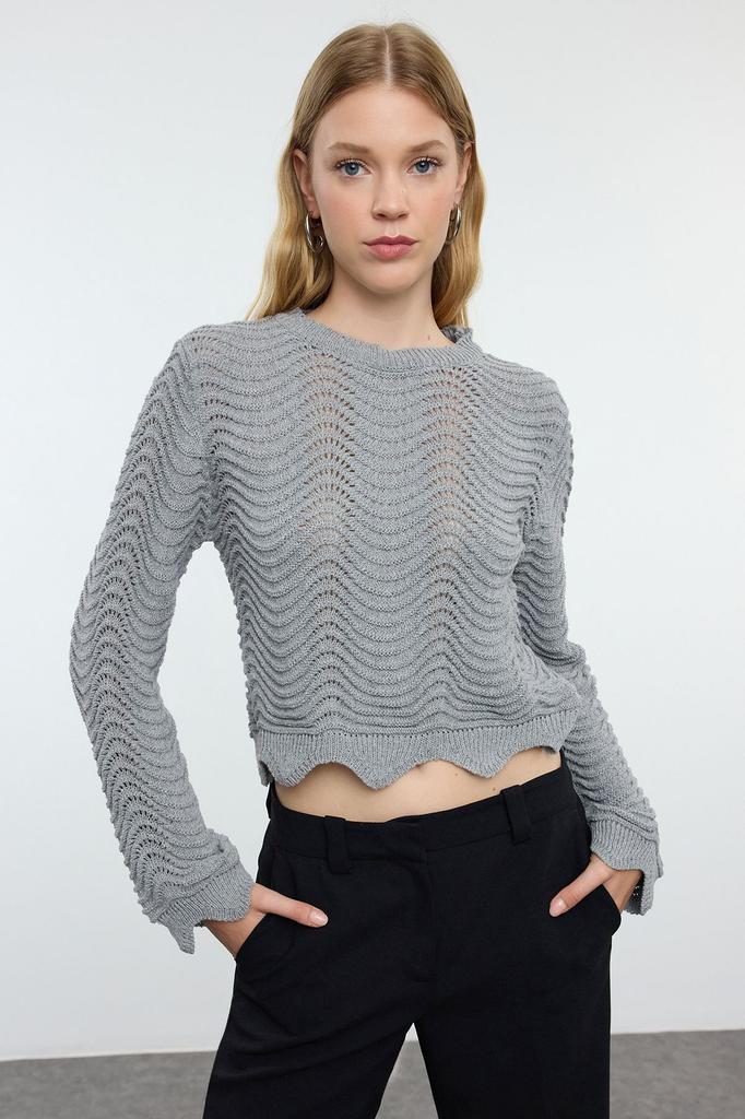 Women's Fashionable Stylish Sweater Black Crop Openwork Hole Crew Neck Knitwear Sweater