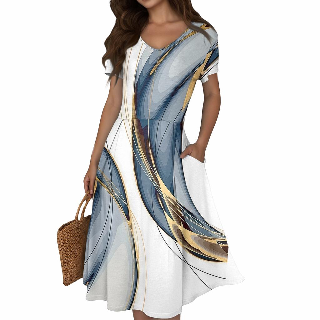 Women's Summer Casual Print V-Neck Short Sleeve Dress With Pockets