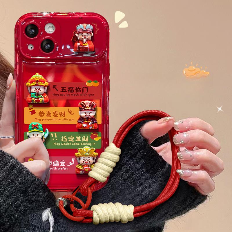 Passend für Apple 15 Handyhülle IPhone 14 Promax Neujahr Gott des Reichtums Puppe Lanyard 13 Klappspiegel 12