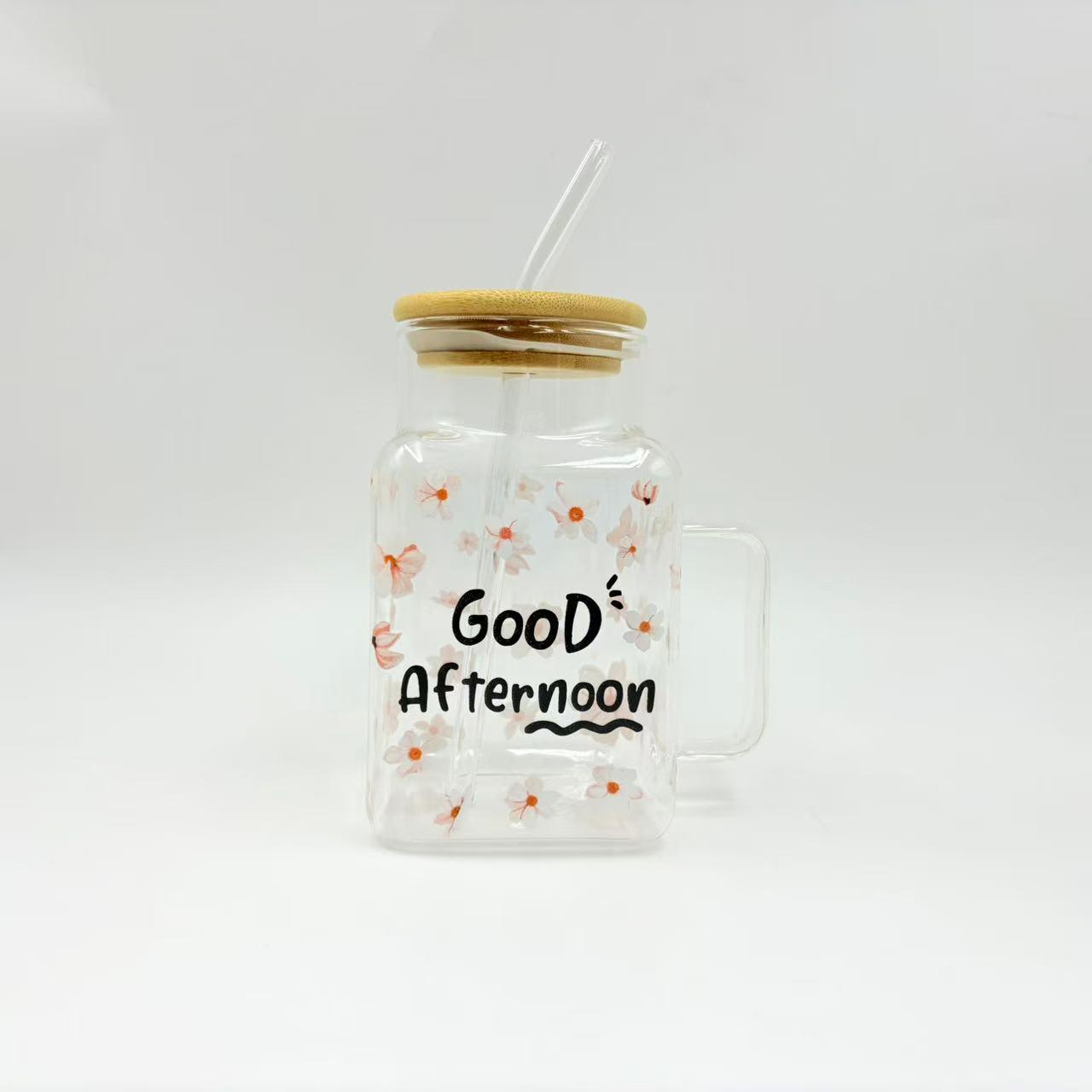 Floral Glass Straw Cup with Square Lid & Handle - High Borosilicate Transparent Design 620ml