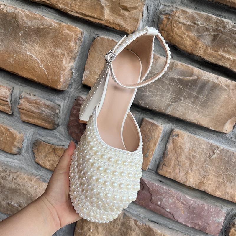 Fashion Luxury Handmade Full Pearls Beaded Platform Wedges Women Pumps Fashion Chunky Heeled Ultra High Heels Banquet Dress Wedding Shoe