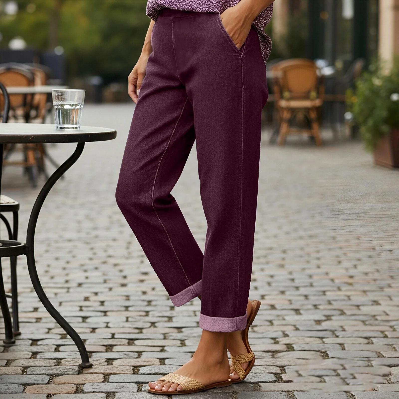 

Women s Fashion -Colour Denim-Look Straight-Leg Relaxed-Fit Trousers With Elasticated Waist XXXL винний