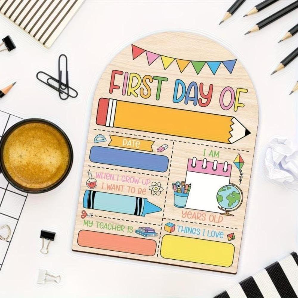 First Day of School Wooden Milestone Sign Pencil Pattern Flat Photo Prop Writable Back To School Plaque for Classroom Wall Decor