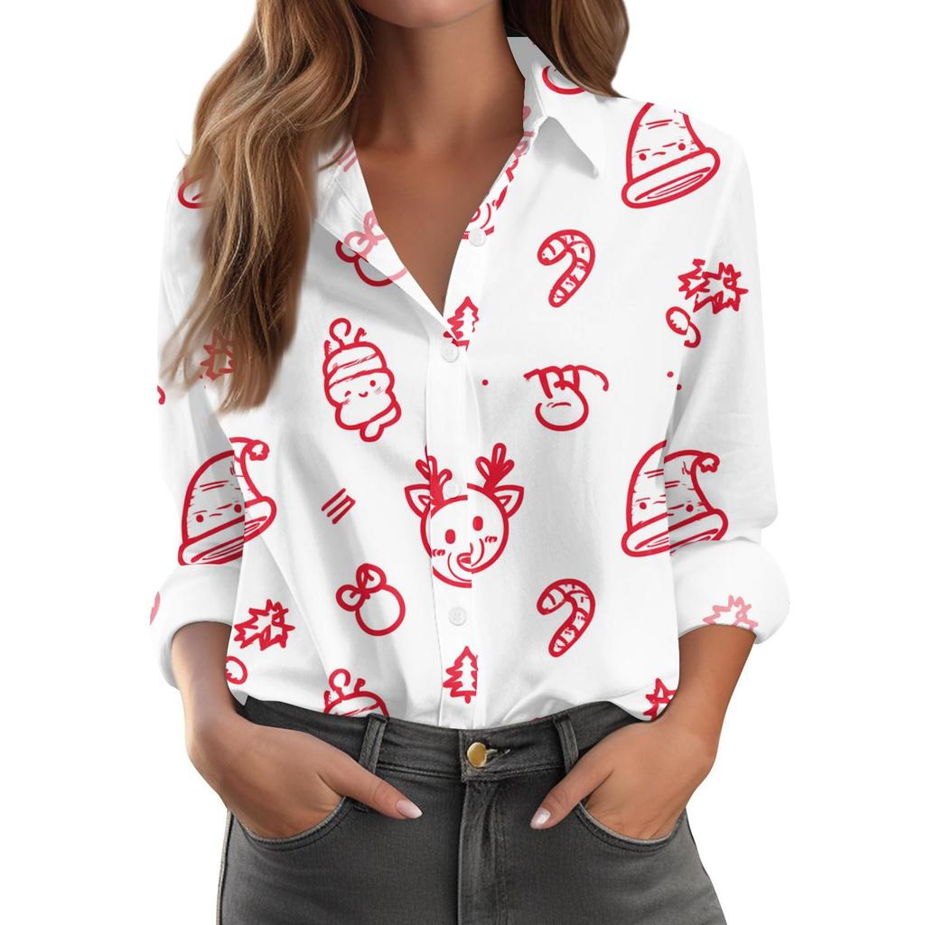 Christmas Snowflakes Snowmen Print Women Shirts Fashion Autumn Winter New Long Sleeve Loose Blouses Ladies Christmas Party Tops