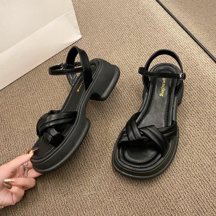 

Женские босоножки на толстой подошве, лето 2024, новые модные элегантные романские толстые каблуки, увеличивающие рост, женские одинарные туфли 40 чёрный