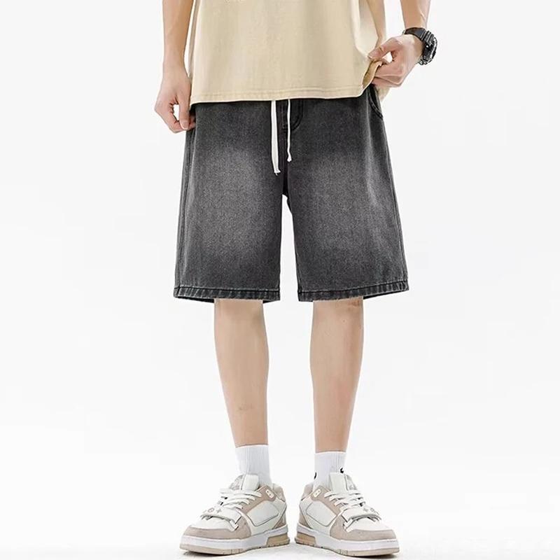 

Men Casual Denim Shorts Male Elastic Waist Straight Leg Comfortable Light Blue Soft Short Pants Baggy Wide Leg Jeans S