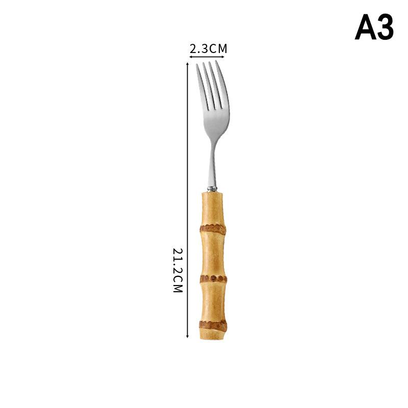Long Handle Serving Spoon Fork Stainless Steel Gold Silver Bamboo Wooden Salad Spork Dessert Salad Spoon Tableware Set Kitchen