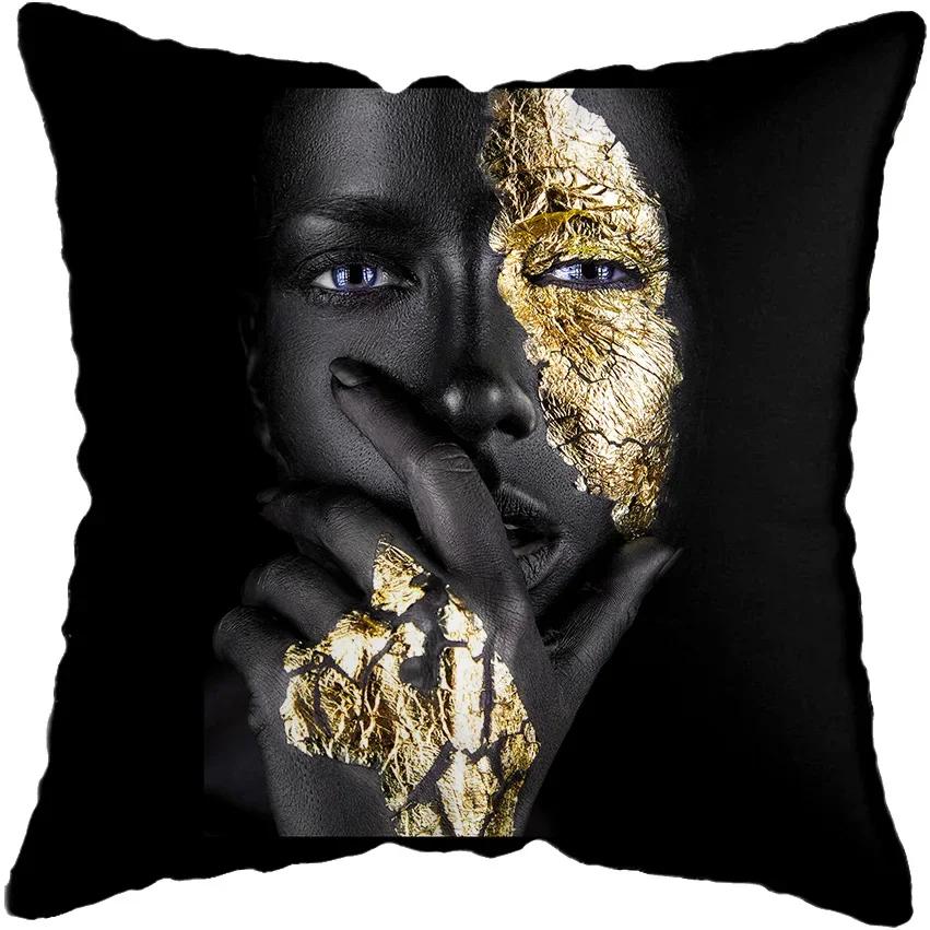 45*45CM Modern Living Room Black Gold African Lady Woman Style Look Art Deco Sofa Pillowcase Cushion Cover