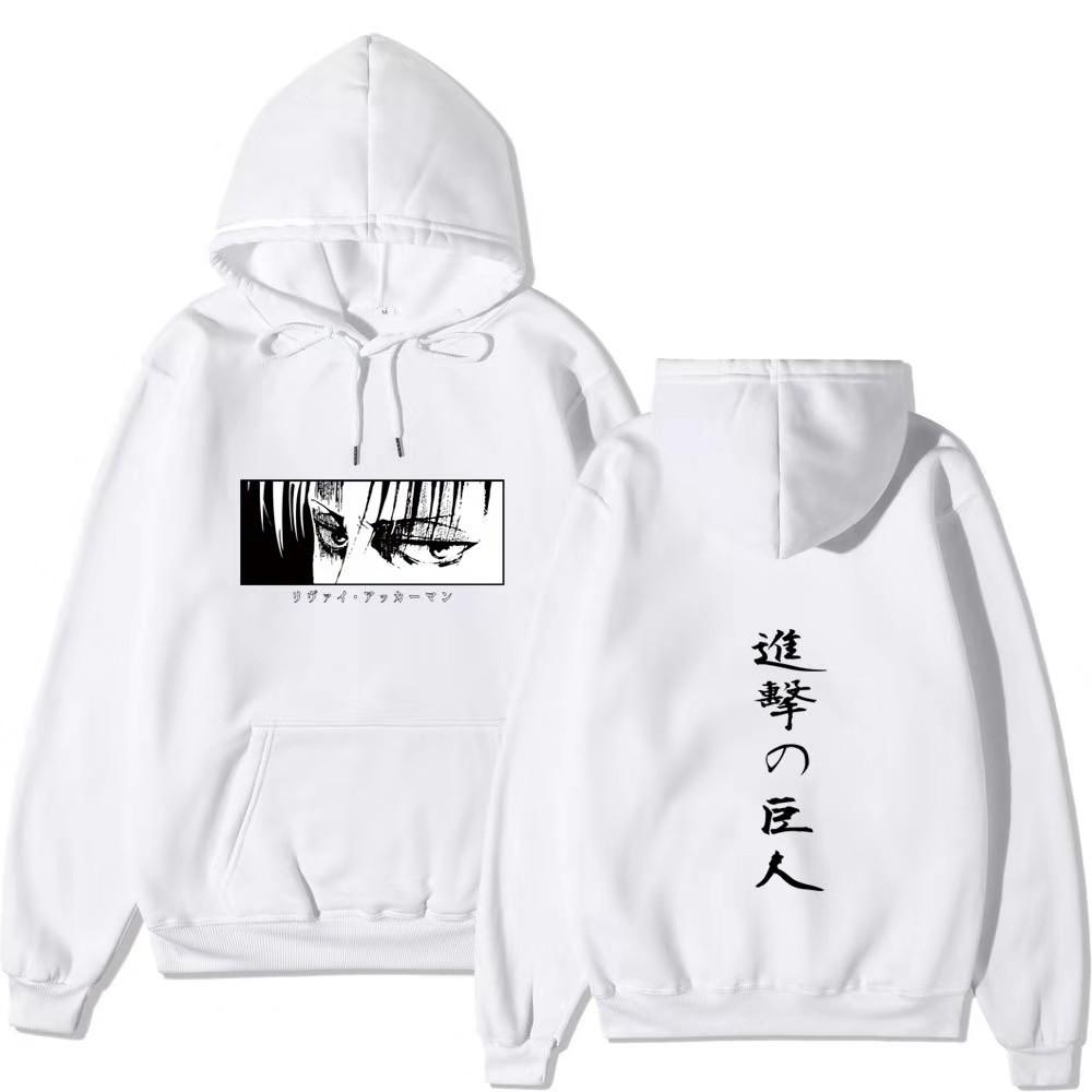 Attack On Titan Levi Ackerman Hoodie Unisex Fleece Sweatshirt Front Manga Eyes Print, Back Japanese Text, Autumn Winter Casual Pullover