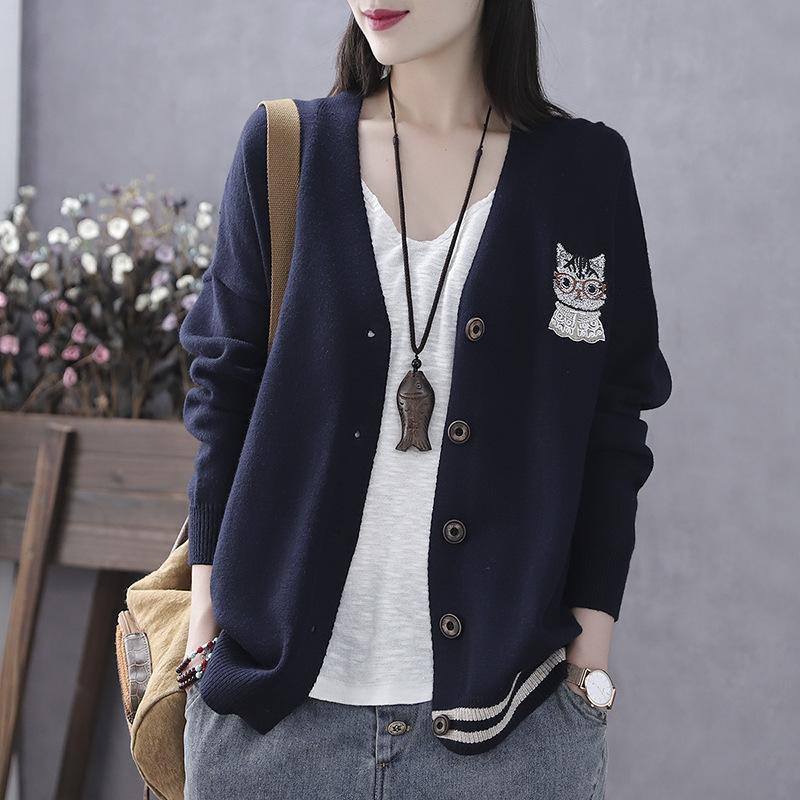 

V-neck Cardigan Sweater for Women Autumn and Winter Knitwear Jacket for Women S Темно-синій