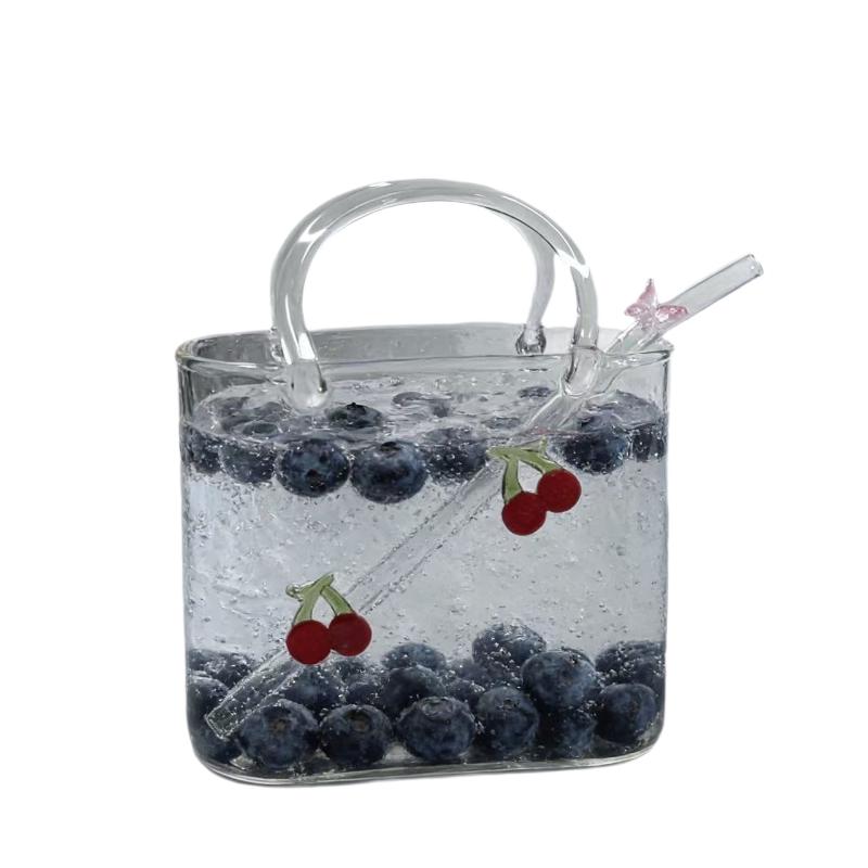 Bolso Portátil con Taza de Vidrio, Vasos Creativos para Cócteles, Vasos Divertidos para Vino de Frutas, Bolso de Estilo Ins con Vaso y Pajita, Herramientas de Bar