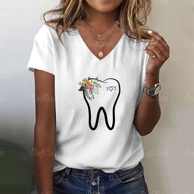Dents et Dentiste Graphiques Impression Drôle T-shirt Femme Fille Y2k Harajuku Basique Col en V Chemise Blanche Haut Court