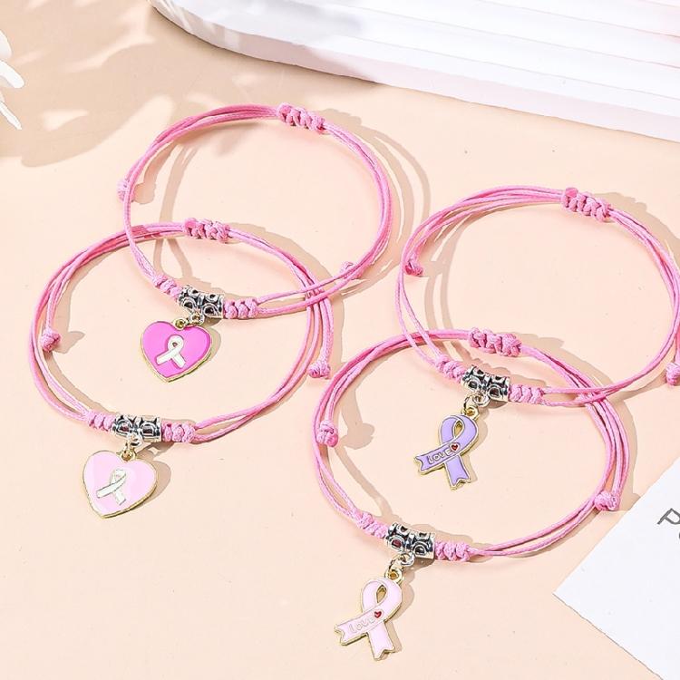 Meaningful Pink Purple Braided Bangle Ribbon Woven Heart Bracelet Wrist Jewelry For Chest Cancer Awareness