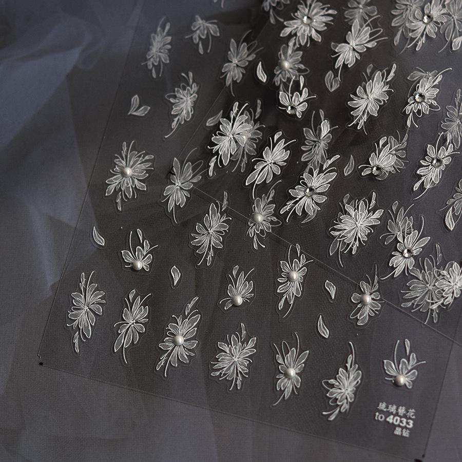 Crystal White Flower Leaves Petal Wet garden Spring Charming Elegant 5D Nail Art Stickers Rhinestone Adhesive Manicure Decals