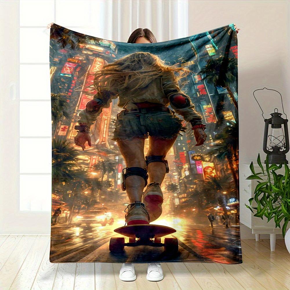 

A punkstyle skateboard girl Flannel printed blanket suitable for all seasons suitable for living room office sofa and travel 75x100cm