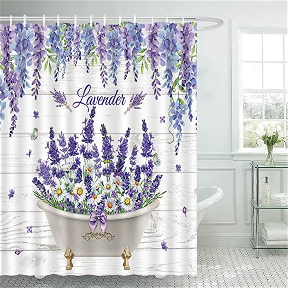 Purple Lavender Shower Curtains Rustic Farmhouse Watercolour Lilac Floral Rustic Wood Panel Plant Polyester Home Bathroom Decor