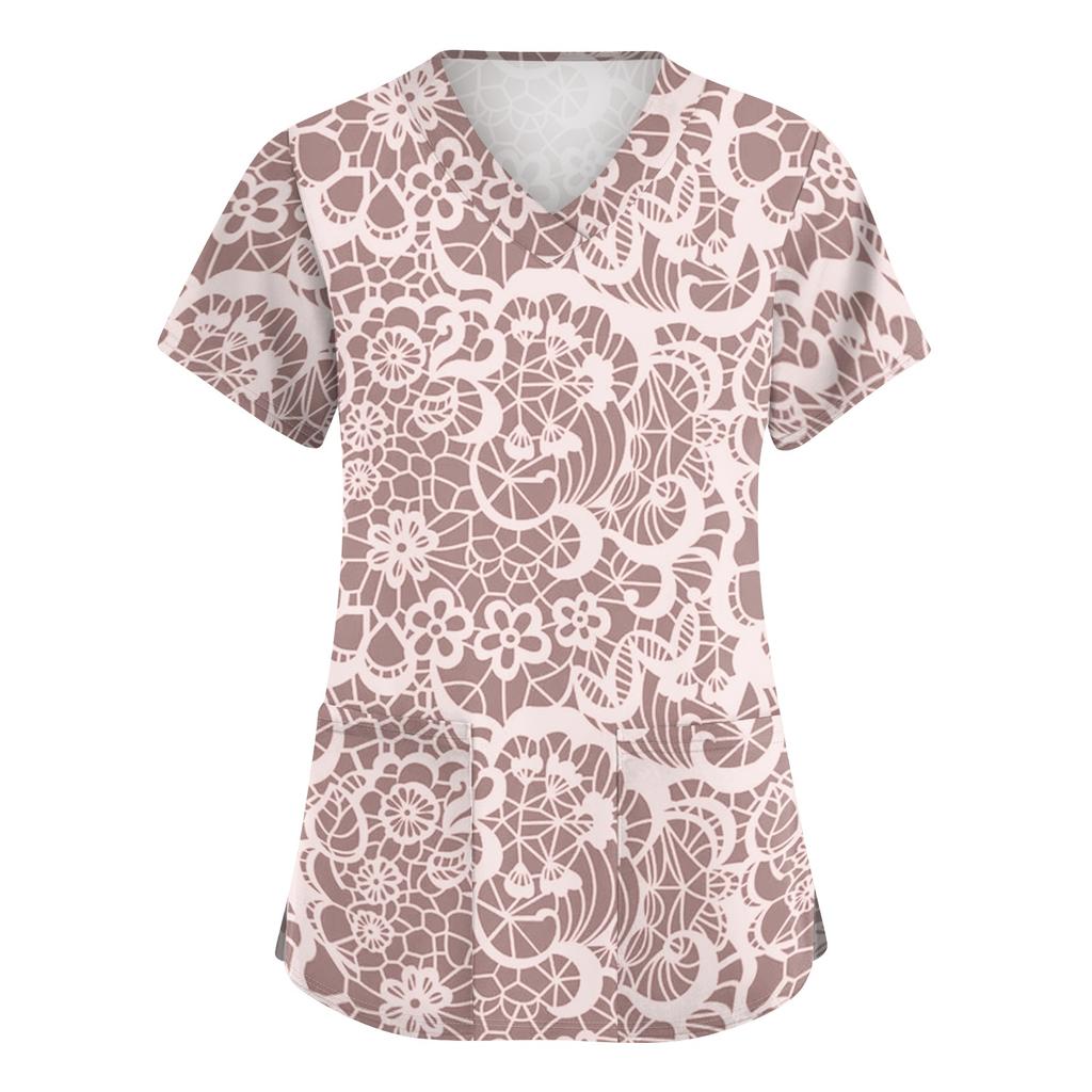 Damenmode Gepunktetes V-Ausschnitt Kurzarm Arbeits-Oberteil mit Taschen, Pflegekraft Uniformhemd