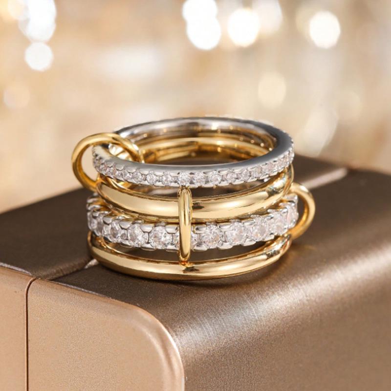 Stylish Bestseller: Two-Tone Interlocking 4-Ring Full Diamond Multi-Element Ring
