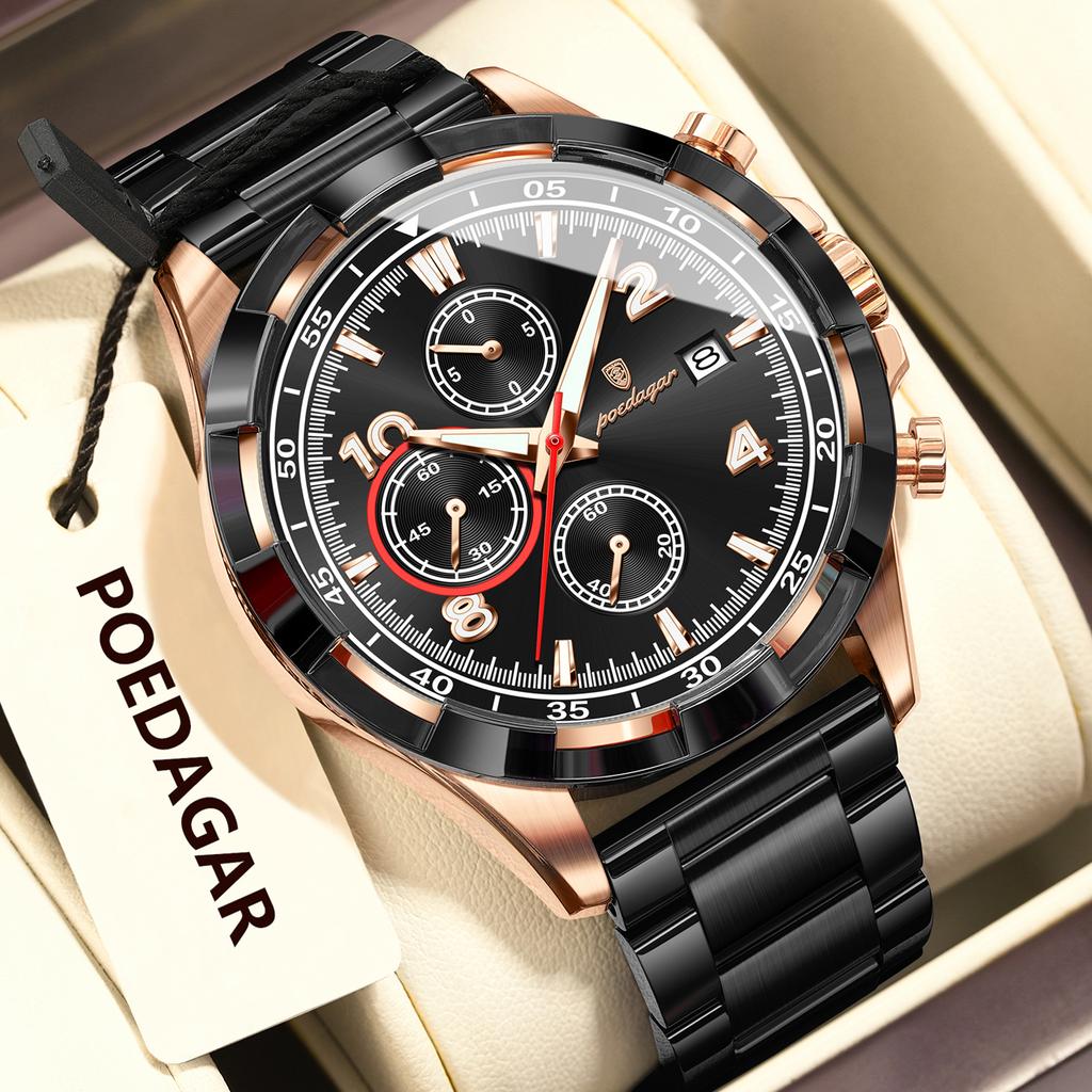 POEDAGAR Fashion Men's Wristwatch Luminous Waterproof Stainless Steel Man Watch Chronograph Date Business Quartz Watches For Men