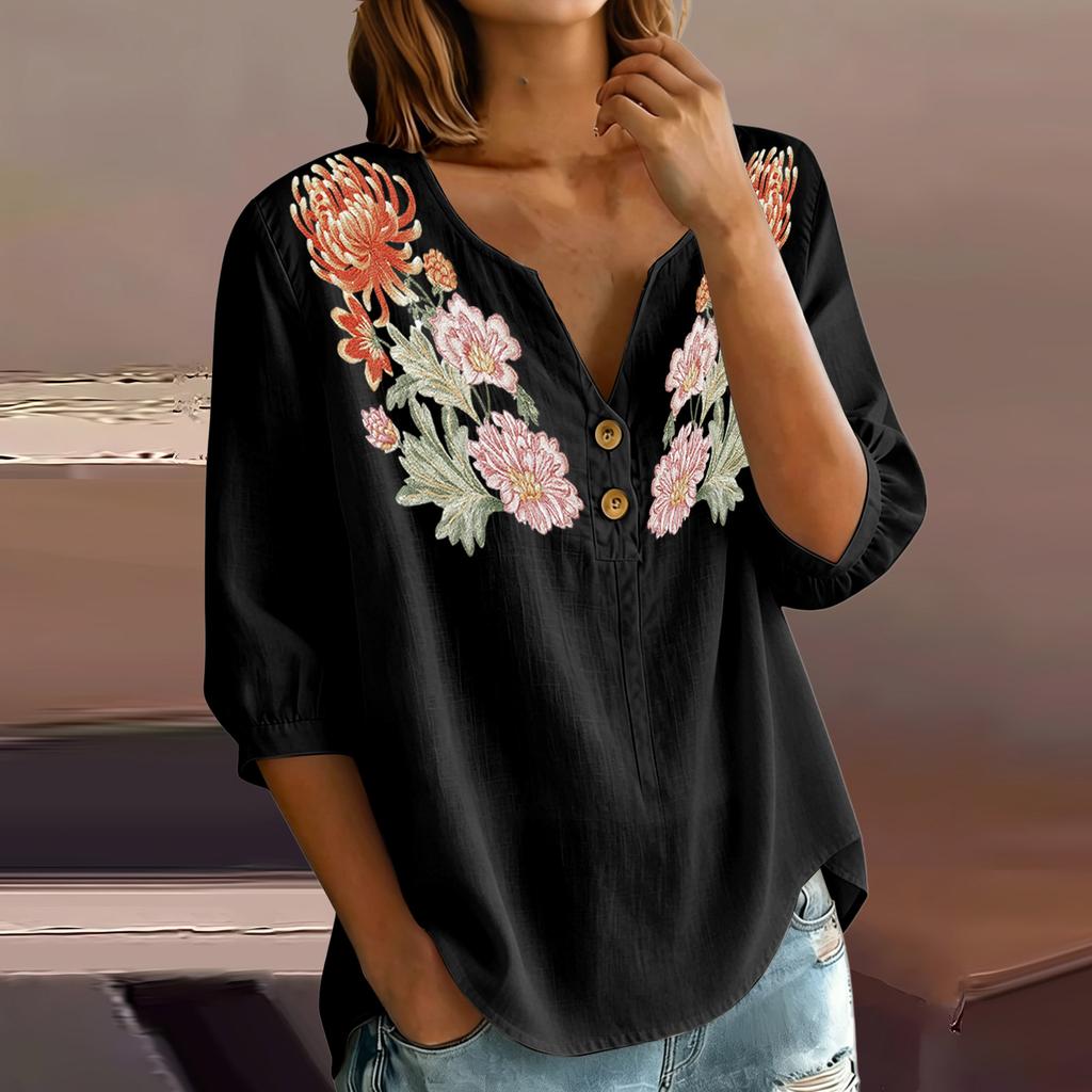 Damen Blumenstickerei Henley-Kragen Knopfleiste Hemd Dreiviertelarm Baumwolle Leinen Oberteil Lässige Bluse