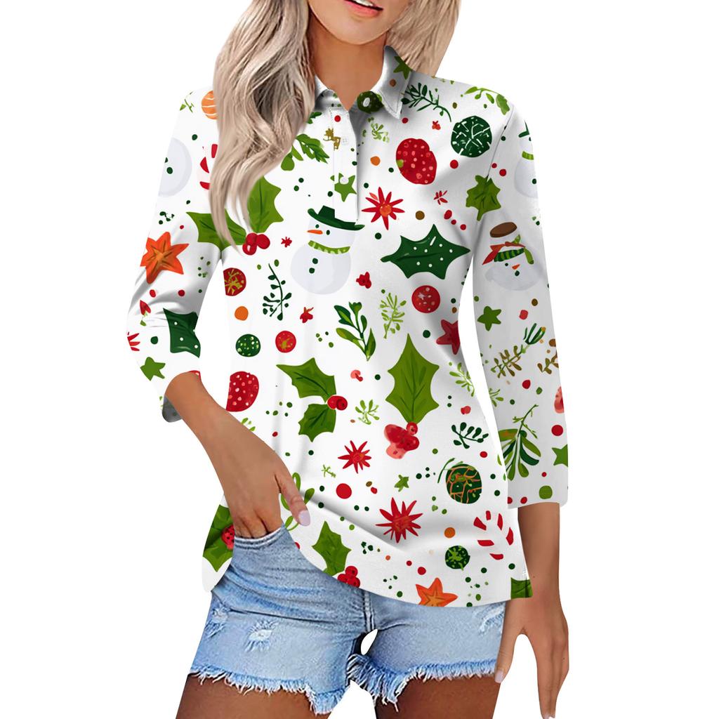 Women's Fashion Casual Button 3/4 Sleeve Vintage  Print Lapel Top