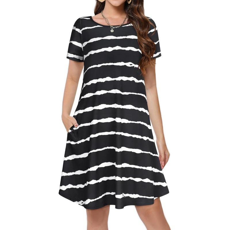 JKASHDK Abiti casual con stampa a fiori, a maniche corte, con scollo a V e vita larga, alla moda estiva da donna