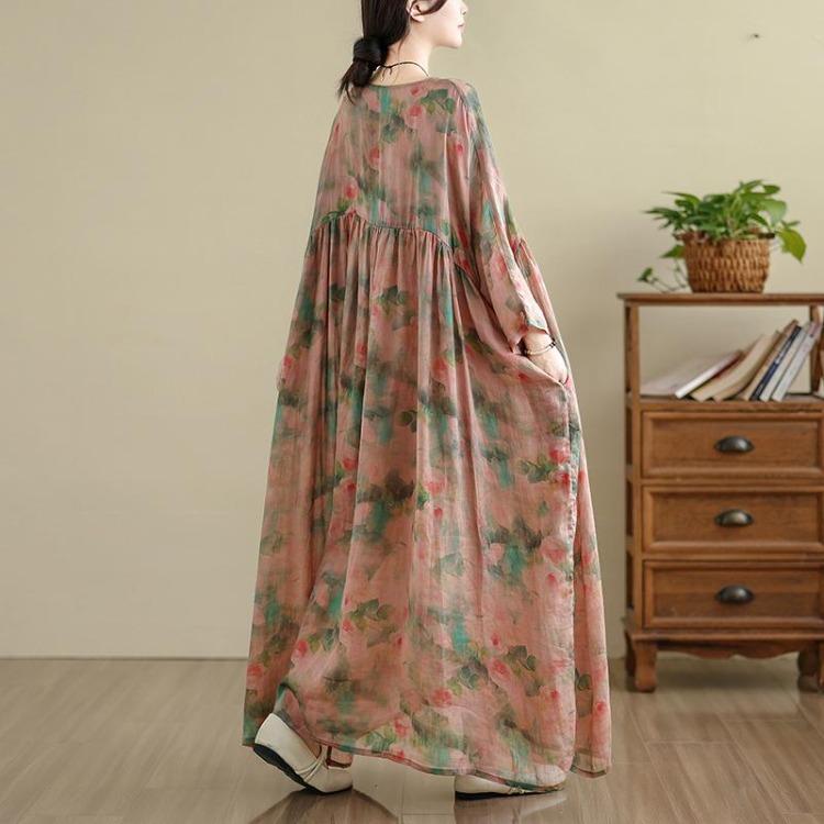 Vintage Floral Print Long Sleeve Maxi Dress for Women Plus Size Oversize Loose Casual Spring Basic Long Dress