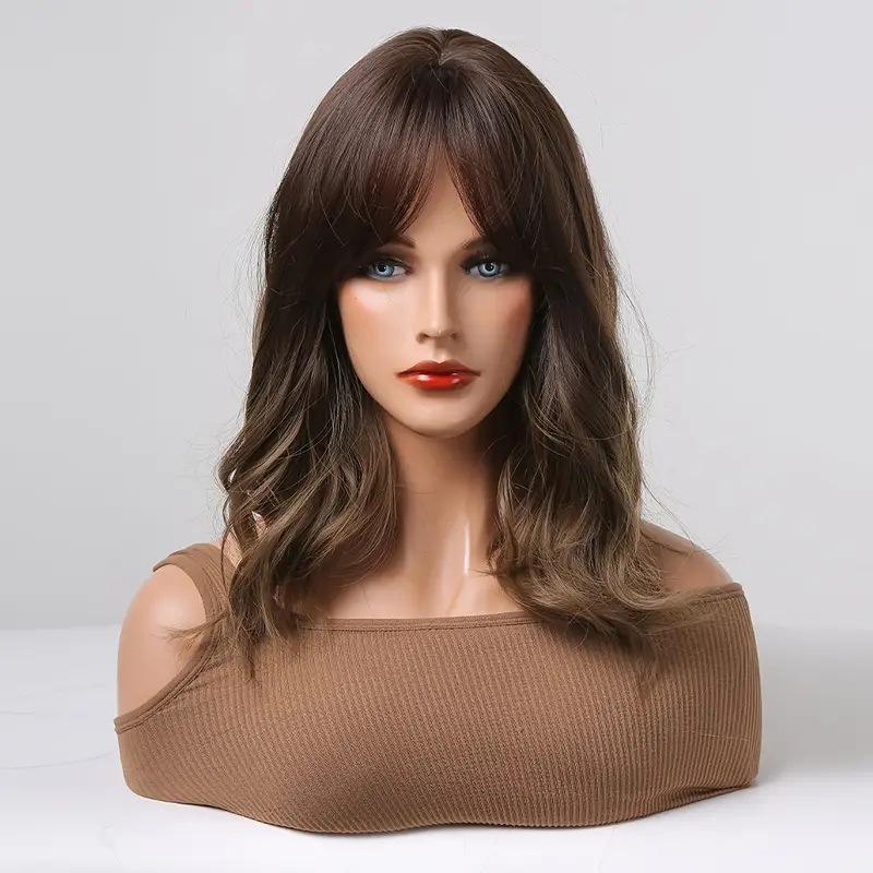 Synthetic Natural Wavy Wigs with Bangs Blonde Brown Wigs for Women Cosplay Party Use Heat Resistant Fiber Hair Wig
