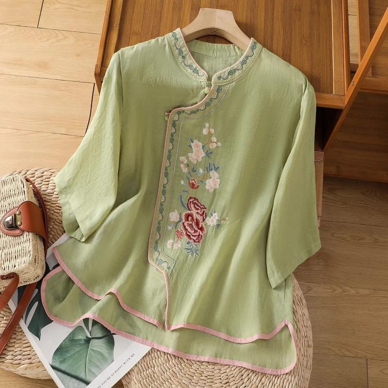 Women's Ethnic Embroidered Chinese Style Cotton-Linen Shirt with Frog Buttons and Seven Sleeves