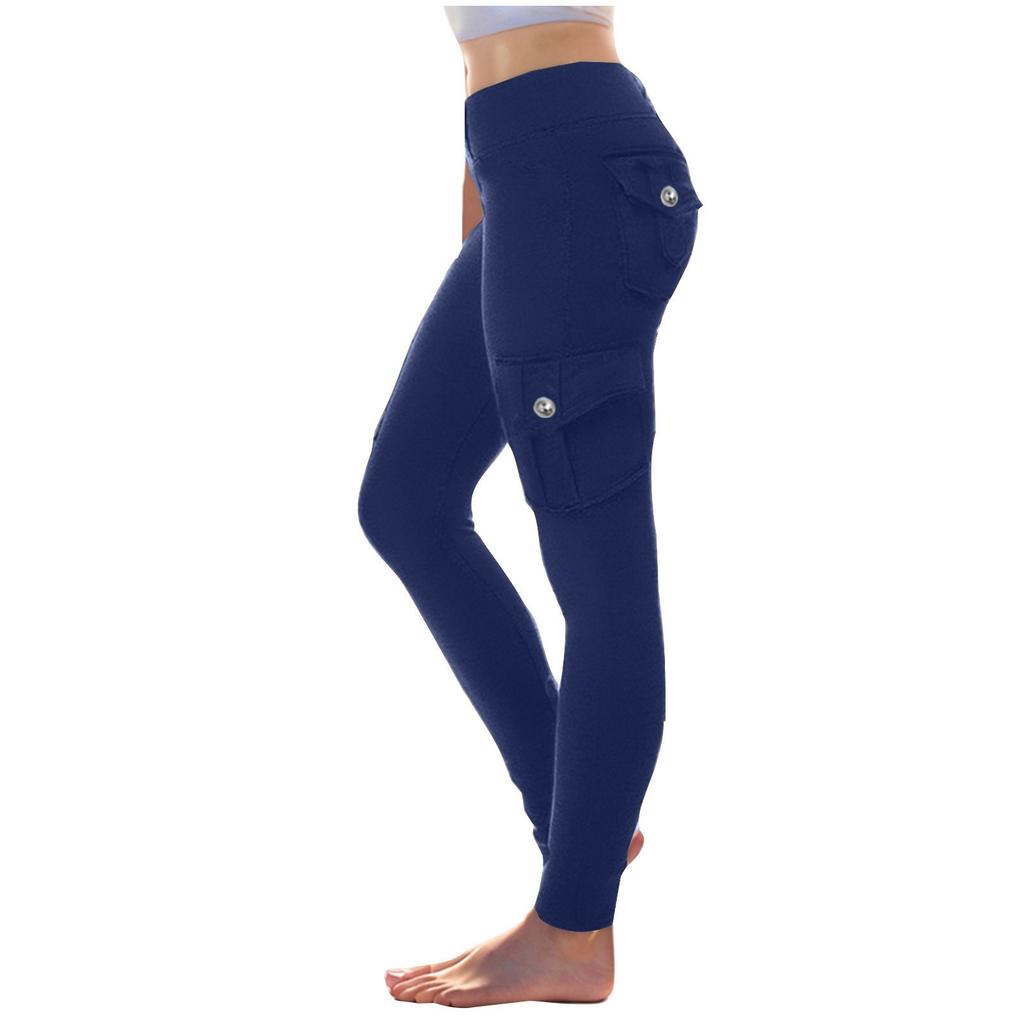 Damen Stretch-Bund Knopf Mehrere Taschen Kordelzug Yoga-Hose Leggings Sport Dünn Geschnittene Hose